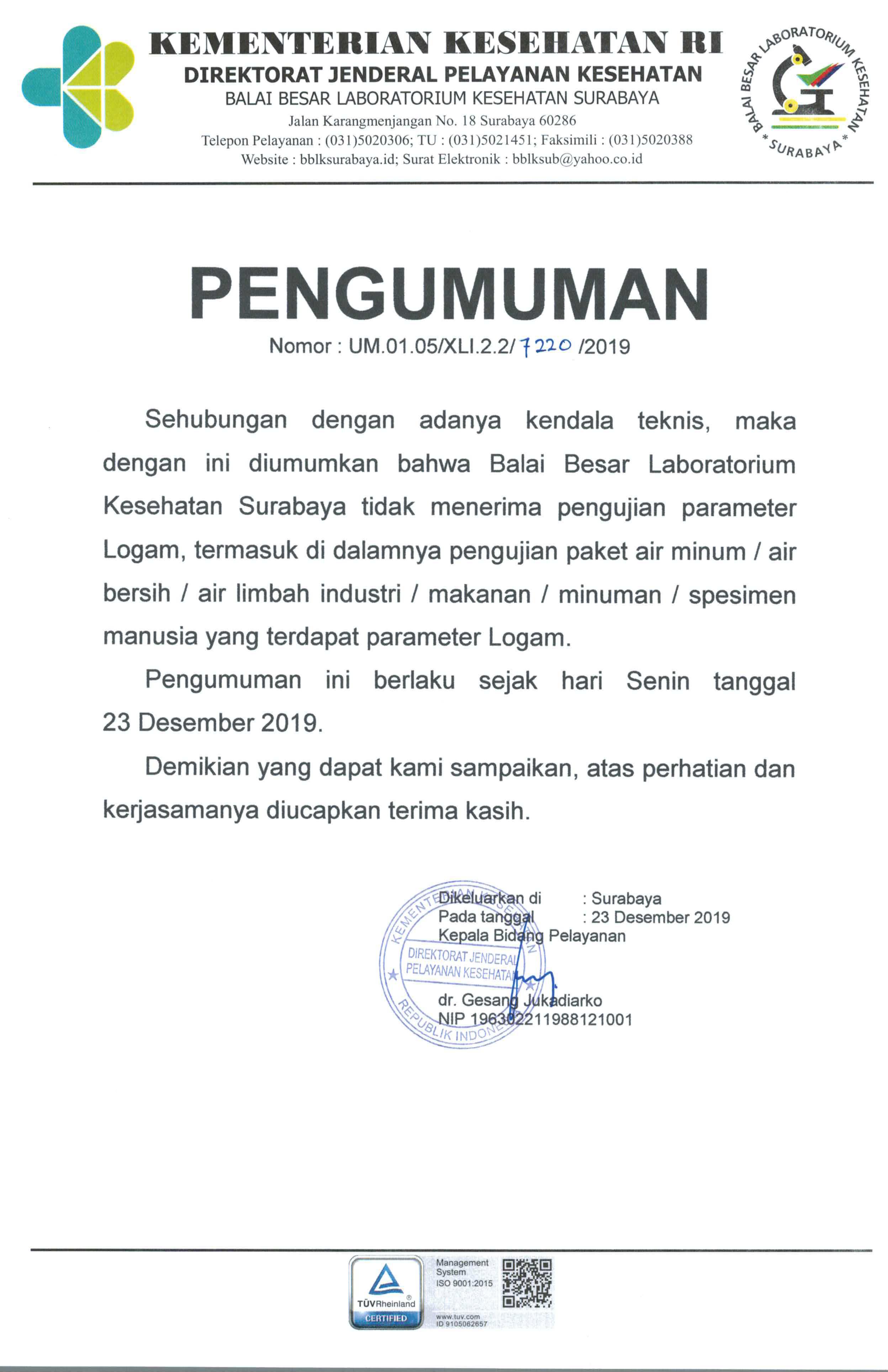 Pengumuman Pengujian Parameter Logam