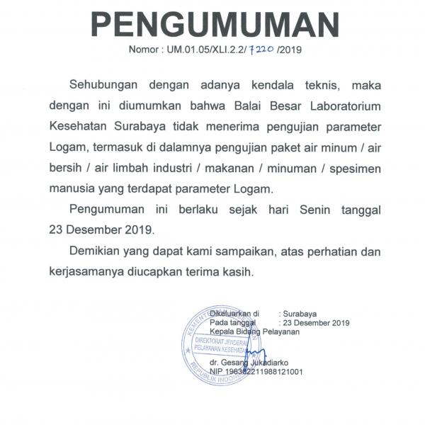Pengumuman Pengujian Parameter Logam