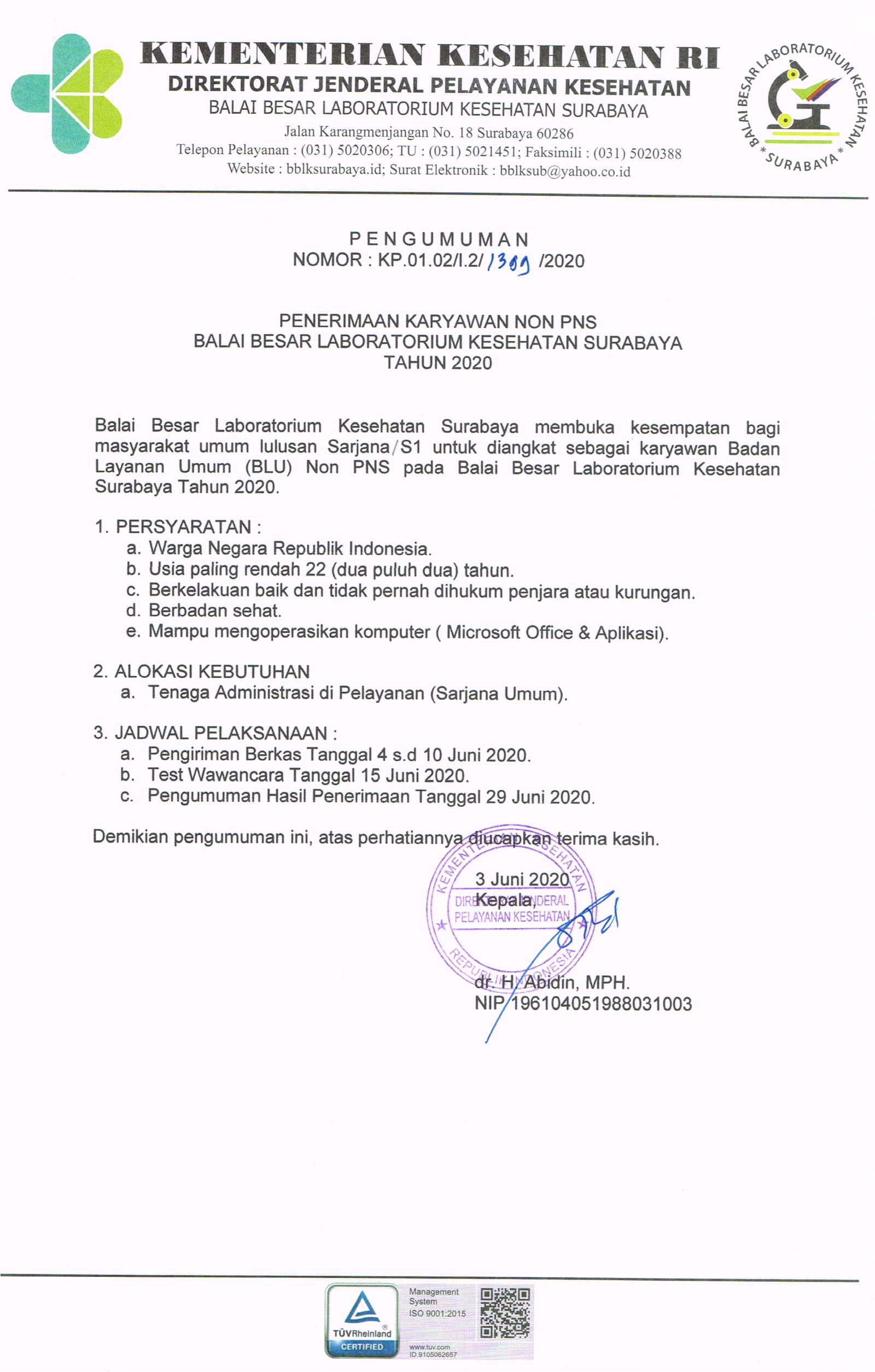 Penerimaan Karyawan Non PNS Balai Besar Laboratorium Kesehatan Surabaya Tahun 2020