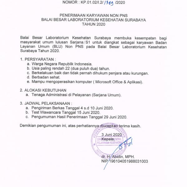 Penerimaan Karyawan Non PNS Balai Besar Laboratorium Kesehatan Surabaya Tahun 2020