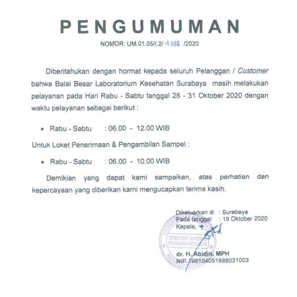 Jadwal Pelayanan Selama tanggal 28 - 31 Oktober 2020