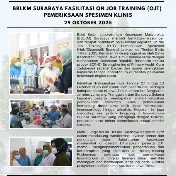 BBLKM Surabaya Fasilitasi OJT Pemeriksaan Spesimen Klinis